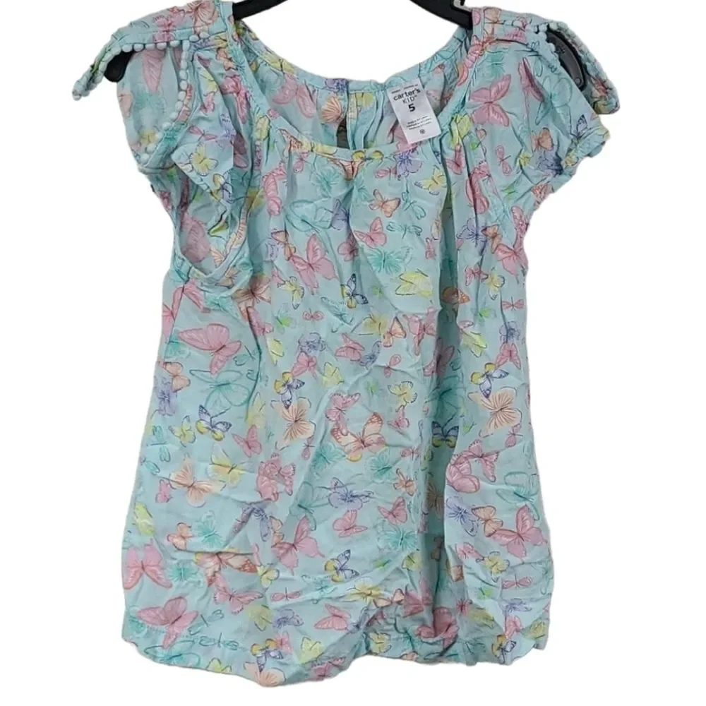 Carter's Blue Butterfly Print Top Pom Flutter Sleeve Shirt Pastel Aqua Blouse